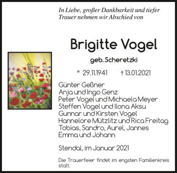 Traueranzeige von Brigitte Vogel (geb. Scheretzki)  von Magdeburger Volksstimme