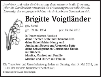 Traueranzeige von Brigitte Voigtländer (geb. Kantel)  von Magdeburger Volksstimme