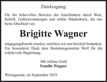 Traueranzeige von Brigitte Wagner  von Magdeburger Volksstimme