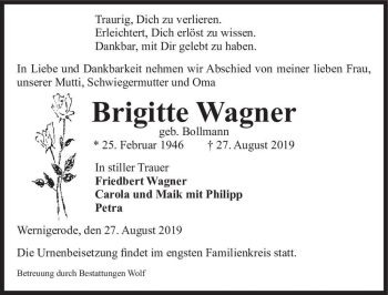 Traueranzeige von Brigitte Wagner (geb. Bollmann)  von Magdeburger Volksstimme