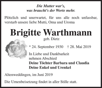 Traueranzeige von Brigitte Warthmann (geb. Dietz)  von Magdeburger Volksstimme