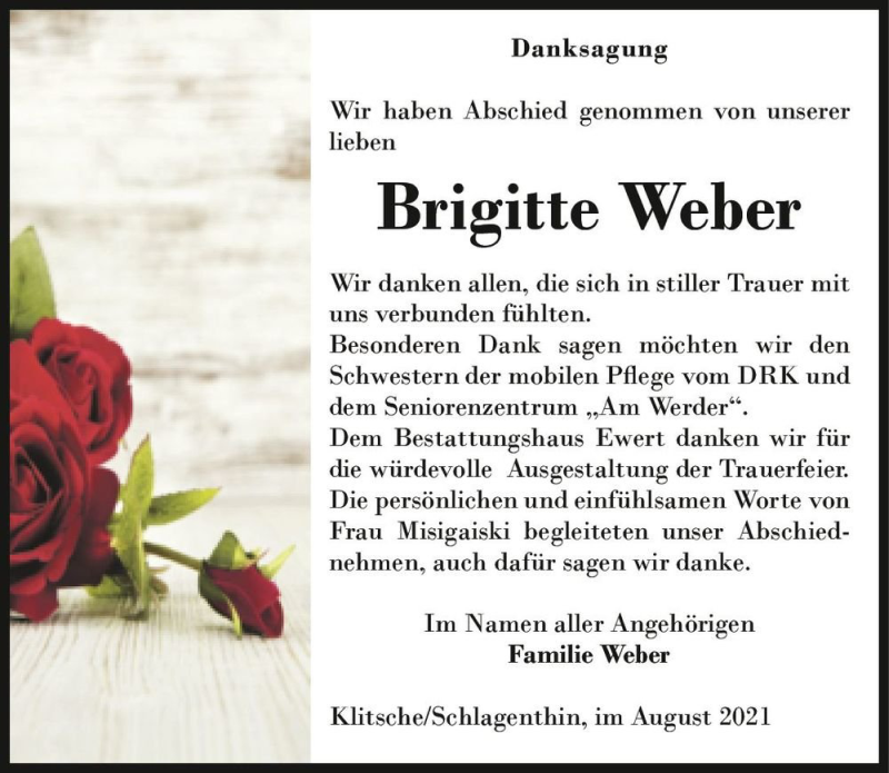  Traueranzeige für Brigitte Weber  vom 21.08.2021 aus Magdeburger Volksstimme