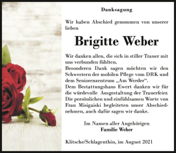 Traueranzeige von Brigitte Weber  von Magdeburger Volksstimme