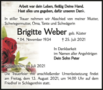 Traueranzeige von Brigitte Weber (geb. Küster)  von Magdeburger Volksstimme
