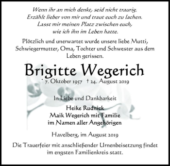 Traueranzeige von Brigitte Wegerich  von Magdeburger Volksstimme
