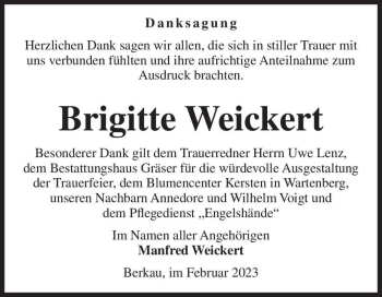 Traueranzeige von Brigitte Weickert  von Magdeburger Volksstimme