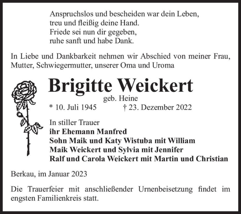  Traueranzeige für Brigitte Weickert (geb. Heine)  vom 07.01.2023 aus Magdeburger Volksstimme