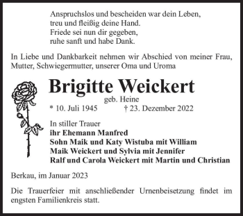Traueranzeige von Brigitte Weickert (geb. Heine)  von Magdeburger Volksstimme