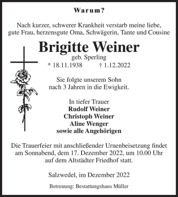Traueranzeige von Brigitte Weiner (geb. Sperling)  von Magdeburger Volksstimme