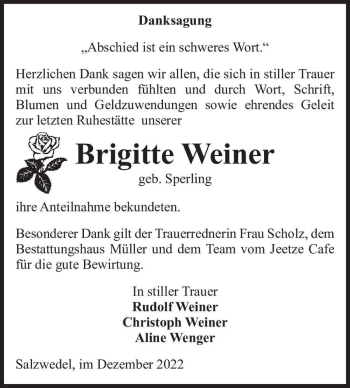 Traueranzeige von Brigitte Weiner (geb. Sperling)  von Magdeburger Volksstimme