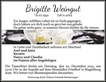 Traueranzeige von Brigitte Weingut  von Magdeburger Volksstimme