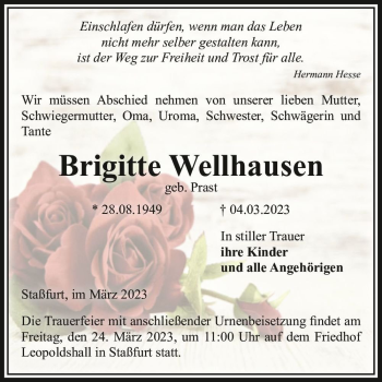 Traueranzeige von Brigitte Wellhausen (geb. Prast)  von Magdeburger Volksstimme