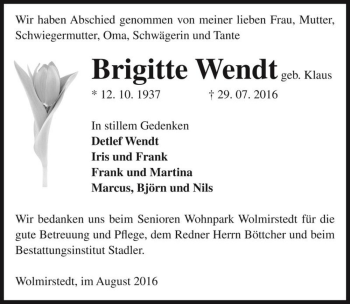 Traueranzeige von Brigitte Wendt (geb. Klaus)  von Magdeburger Volksstimme