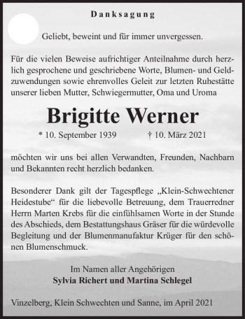 Traueranzeige von Brigitte Werner  von Magdeburger Volksstimme