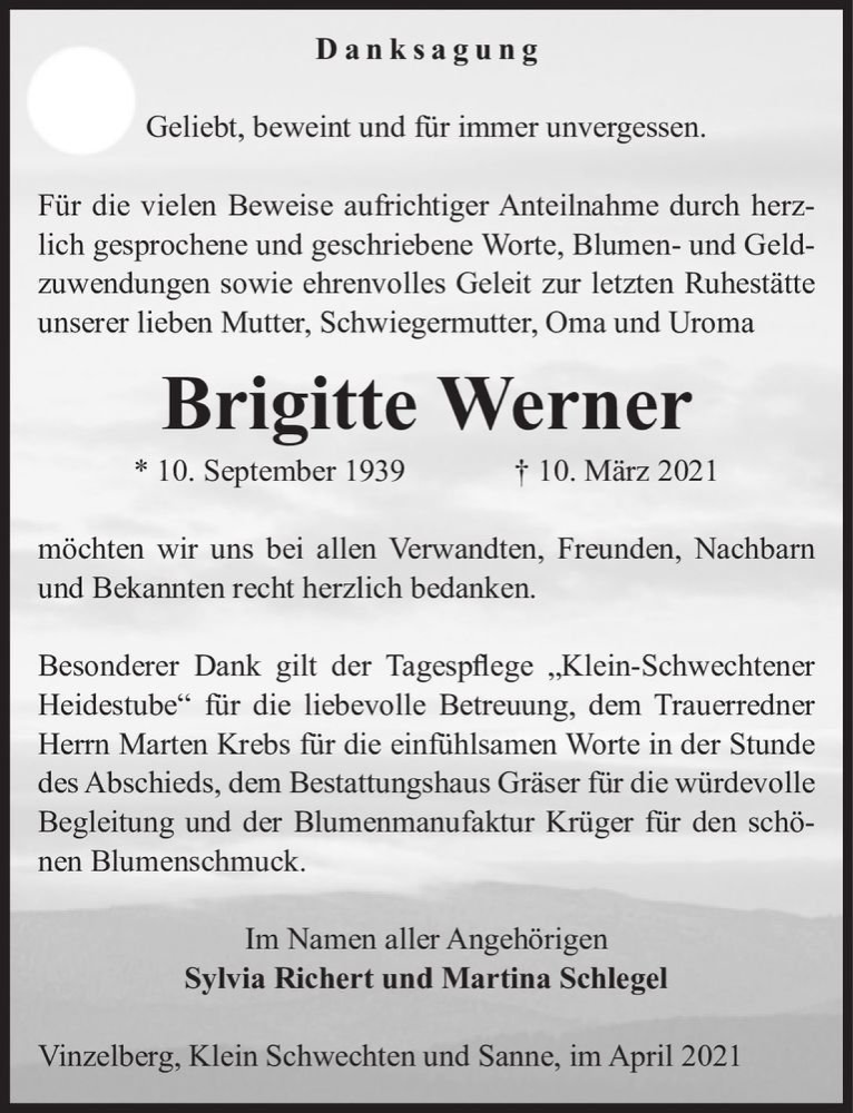  Traueranzeige für Brigitte Werner  vom 14.04.2021 aus Magdeburger Volksstimme