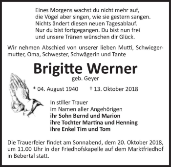 Traueranzeige von Brigitte Werner (geb. Geyer)  von Magdeburger Volksstimme