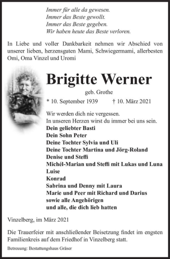 Traueranzeige von Brigitte Werner (geb. Grothe)  von Magdeburger Volksstimme