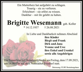 Traueranzeige von Brigitte Wesemann (geb. Koller)  von Magdeburger Volksstimme