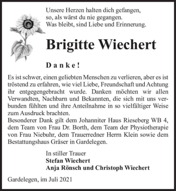 Traueranzeige von Brigitte Wiechert  von Magdeburger Volksstimme
