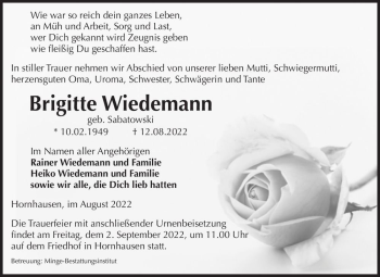 Traueranzeige von Brigitte Wiedemann (geb. Sabatowski)  von Magdeburger Volksstimme