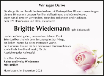 Traueranzeige von Brigitte Wiedemann (geb. Sabatowski)  von Magdeburger Volksstimme