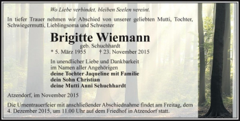 Traueranzeige von Brigitte Wiemann (Schuchhardt)  von Magdeburger Volksstimme
