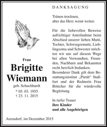 Traueranzeige von Brigitte Wiemann (geb. Schuchhardt)  von Magdeburger Volksstimme