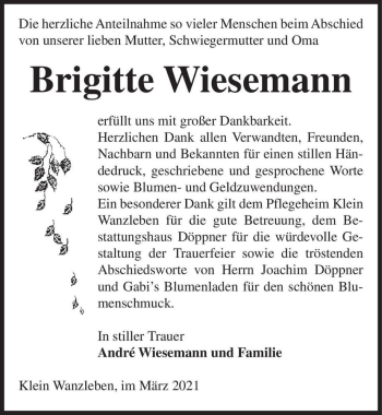 Traueranzeige von Brigitte Wiesemann  von Magdeburger Volksstimme