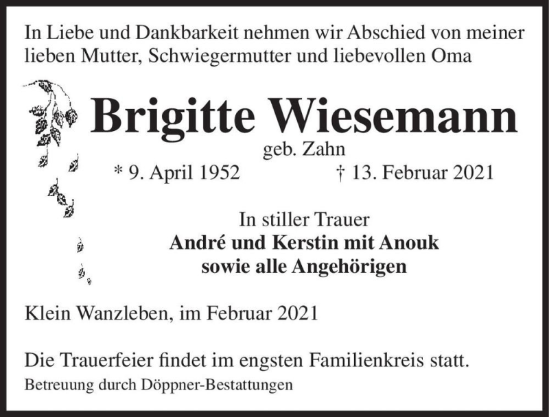  Traueranzeige für Brigitte Wiesemann (geb. Zahn)  vom 20.02.2021 aus Magdeburger Volksstimme