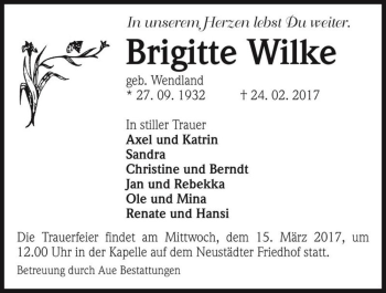 Traueranzeige von Brigitte Wilke (geb. Wendland)  von Magdeburger Volksstimme