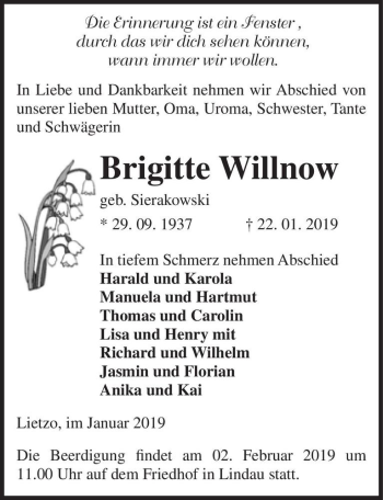 Traueranzeige von Brigitte Willnow (geb. Sierakowski)  von Magdeburger Volksstimme
