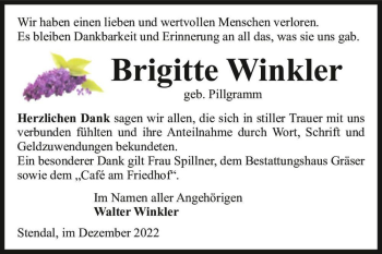 Traueranzeige von Brigitte Winkler (geb. Pillgramm)  von Magdeburger Volksstimme