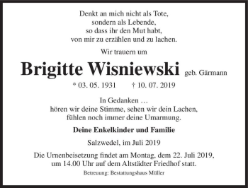 Traueranzeige von Brigitte Wisniewski (geb. Gärmann)  von Magdeburger Volksstimme