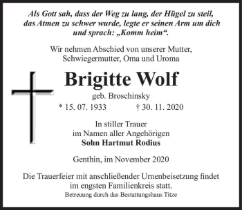 Traueranzeige von Brigitte Wolf (geb. Broschinsky)  von Magdeburger Volksstimme