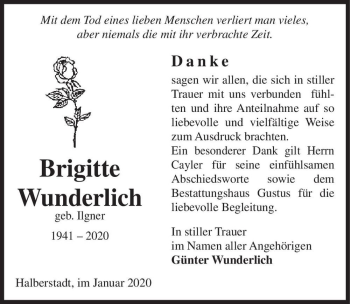 Traueranzeige von Brigitte Wunderlich (geb. Ilgner)  von Magdeburger Volksstimme