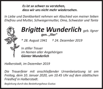 Traueranzeige von Brigitte Wunderlich (geb. Ilgner) gen. 