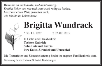 Traueranzeige von Brigitte Wundrack  von Magdeburger Volksstimme