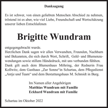 Traueranzeige von Brigitte Wundram  von Magdeburger Volksstimme