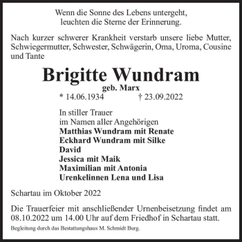 Traueranzeige von Brigitte Wundram (geb. Marx)  von Magdeburger Volksstimme