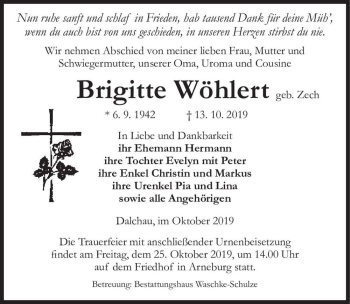 Traueranzeige von Brigitte Wöhlert (geb. Zech)  von Magdeburger Volksstimme