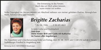 Traueranzeige von Brigitte Zacharias  von Magdeburger Volksstimme