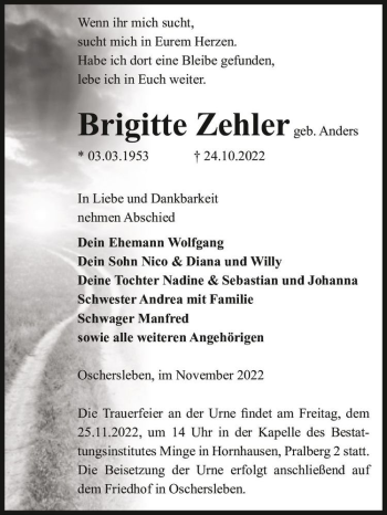 Traueranzeige von Brigitte Zehler (geb. Anders)  von Magdeburger Volksstimme