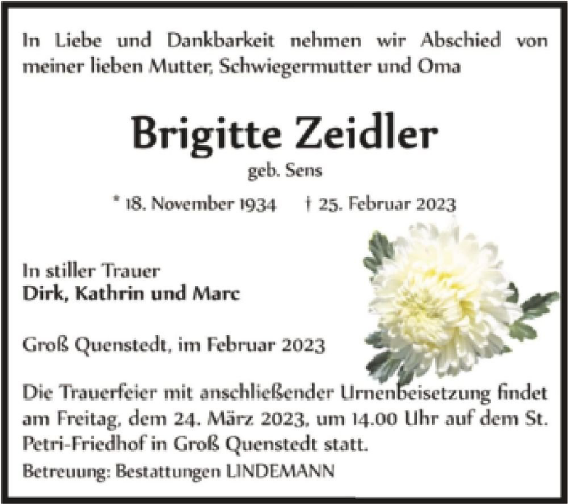  Traueranzeige für Brigitte Zeidler (geb. Sens)  vom 04.03.2023 aus Magdeburger Volksstimme