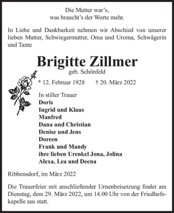 Traueranzeige von Brigitte Zillmer (geb. Schönfeld)  von Magdeburger Volksstimme