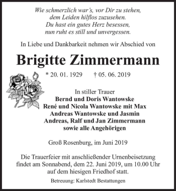 Traueranzeige von Brigitte Zimmermann  von Magdeburger Volksstimme