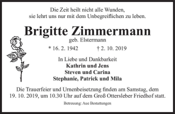 Traueranzeige von Brigitte Zimmermann (geb. Elstermann)  von Magdeburger Volksstimme
