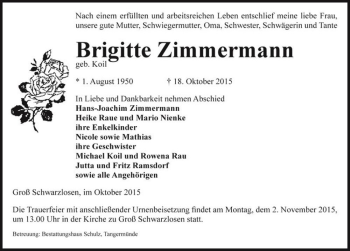 Traueranzeige von Brigitte Zimmermann (geb. Koil)  von Magdeburger Volksstimme