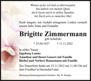 Traueranzeige von Brigitte Zimmermann (geb. Schultzki)  von Magdeburger Volksstimme
