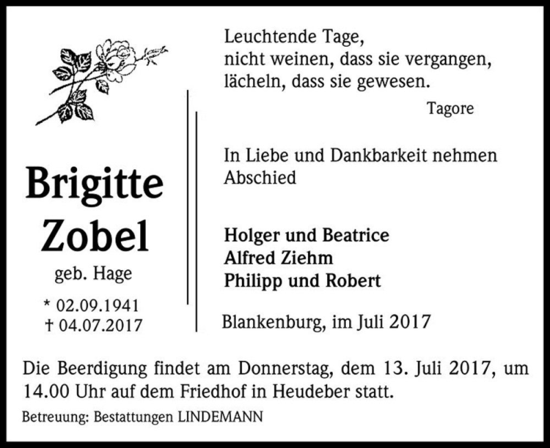  Traueranzeige für Brigitte Zobel (geb. Hage)  vom 08.07.2017 aus Magdeburger Volksstimme
