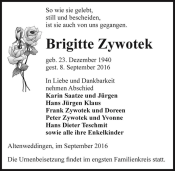 Traueranzeige von Brigitte Zywotek  von Magdeburger Volksstimme